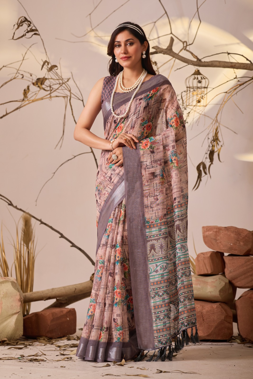 Grey Blossom Linen Cotton Designer Saree