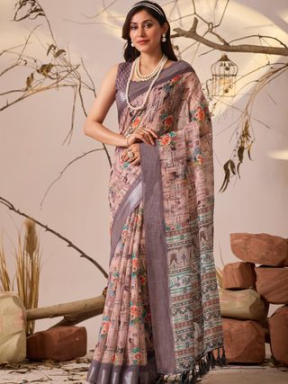 Grey Blossom Linen Cotton Designer Saree