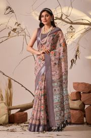 Grey Blossom Linen Cotton Designer Saree - Gray / Grey