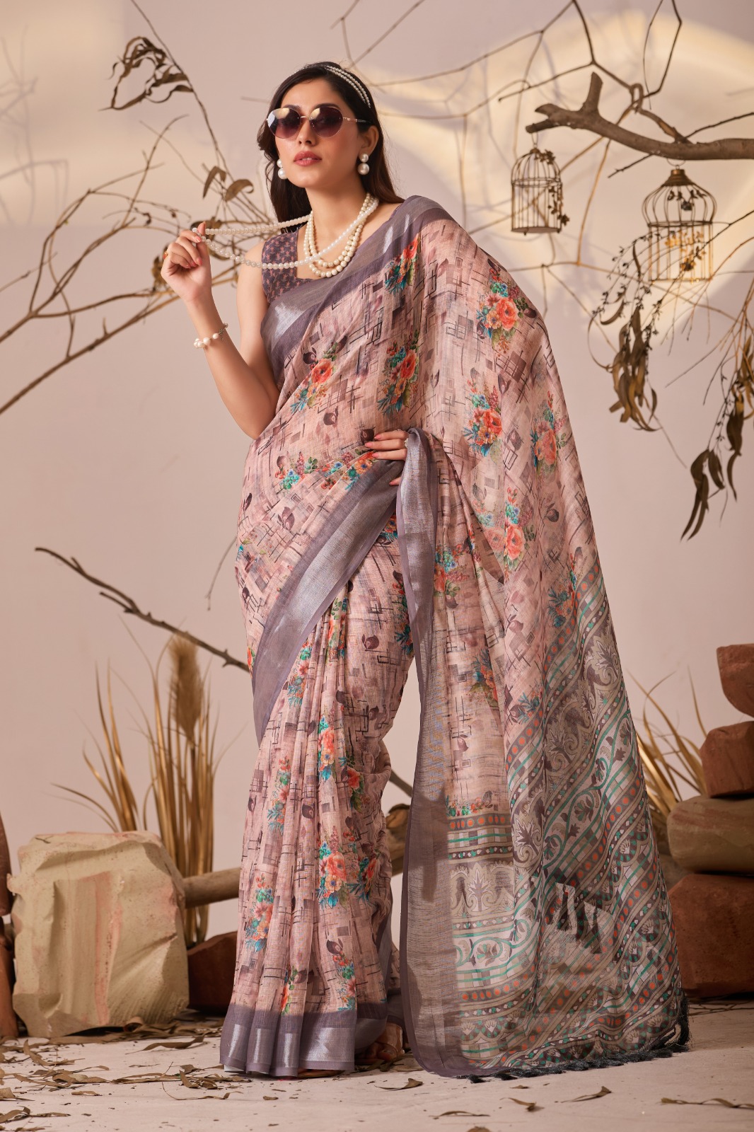 Grey Blossom Linen Cotton Designer Saree