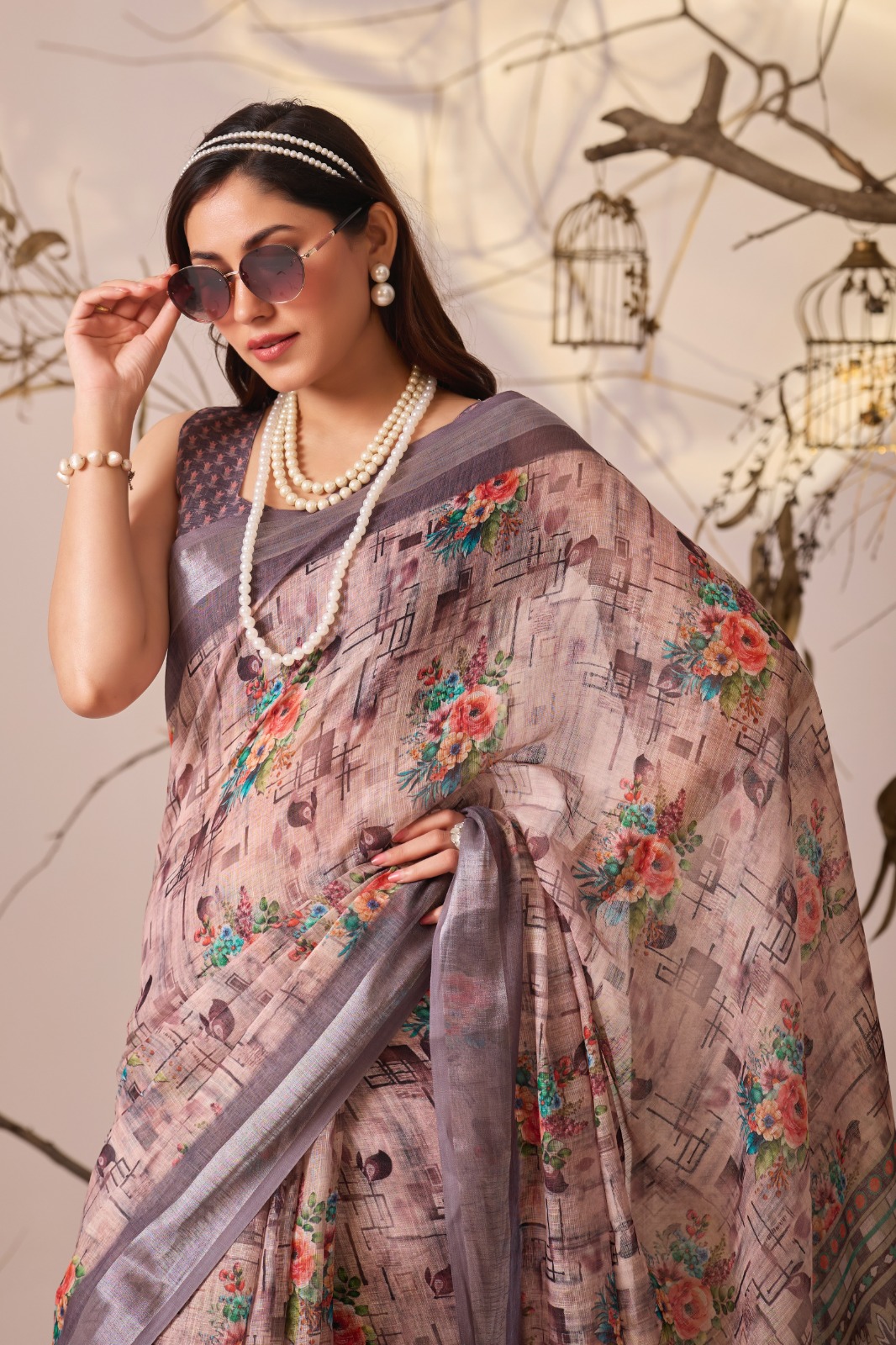 Grey Blossom Linen Cotton Designer Saree