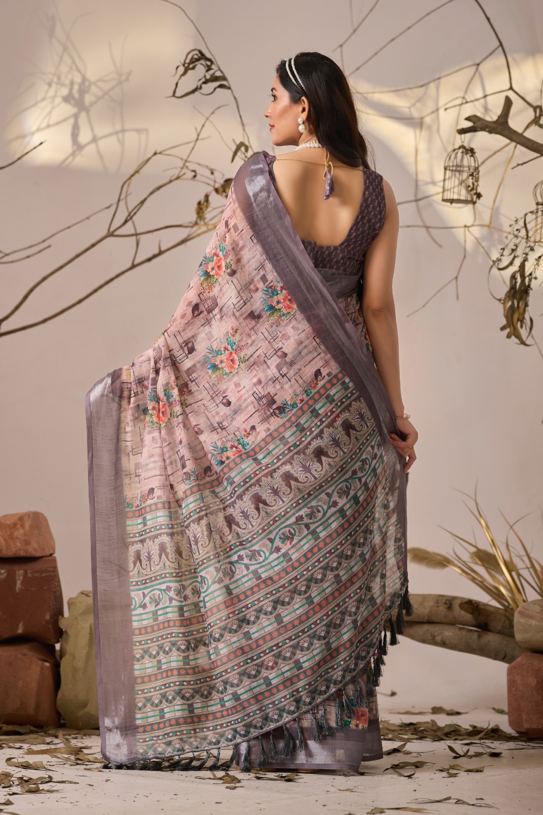 Grey Blossom Linen Cotton Designer Saree