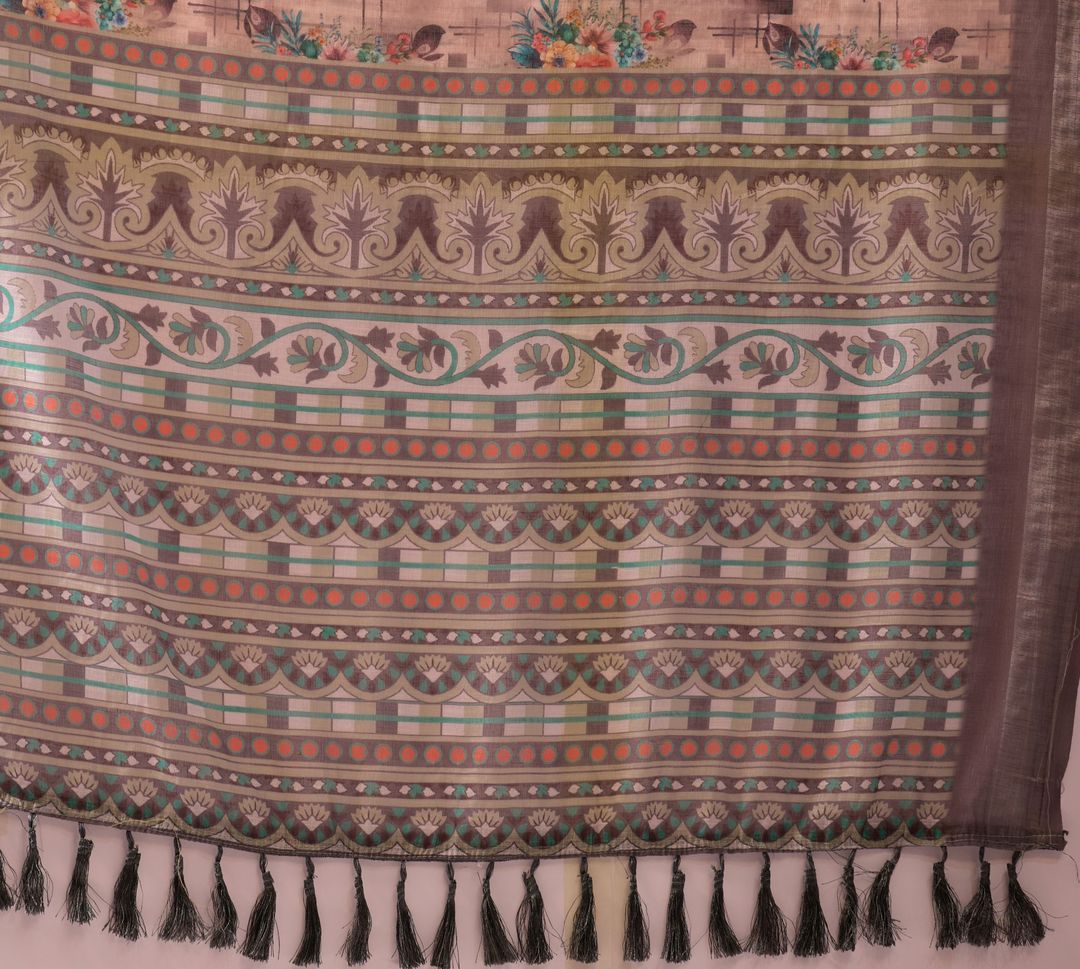 Grey Blossom Linen Cotton Designer Saree