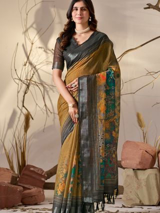 Elegant Mustard Linen Cotton Saree Set
