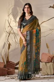 Elegant Mustard Linen Cotton Saree Set - Mustard