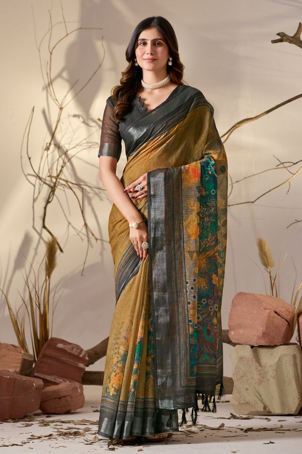 Elegant Mustard Linen Cotton Saree Set