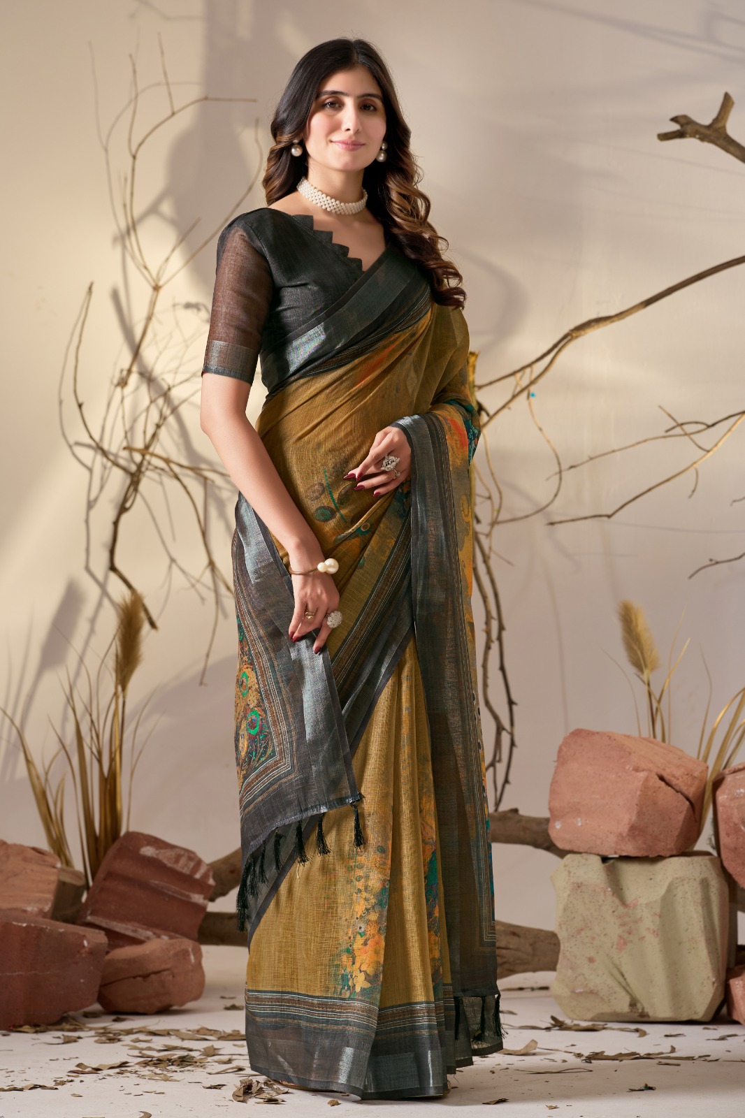 Elegant Mustard Linen Cotton Saree Set