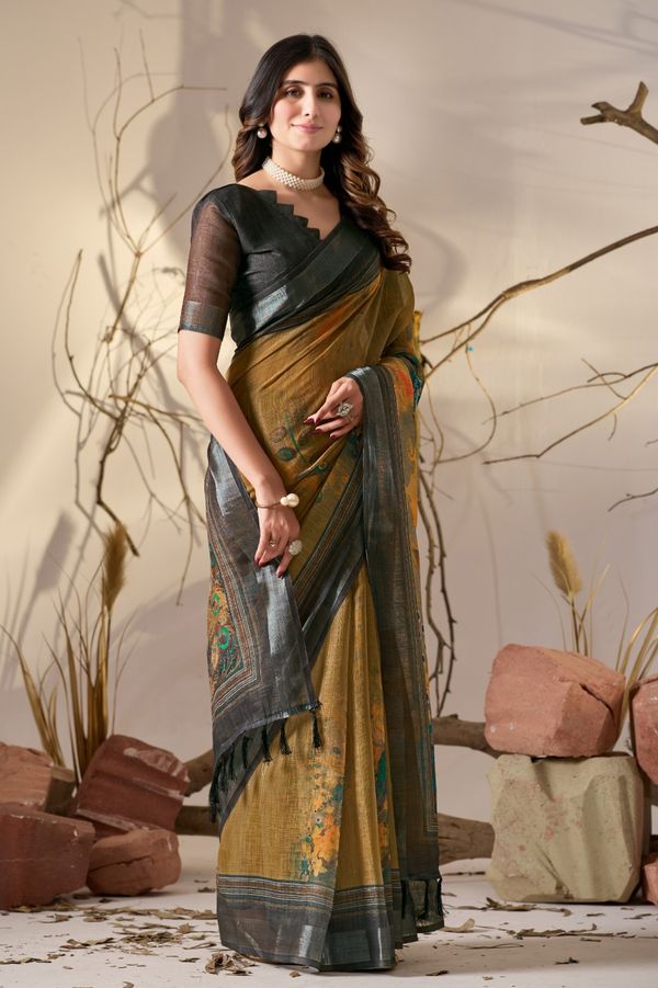 Elegant Mustard Linen Cotton Saree Set
