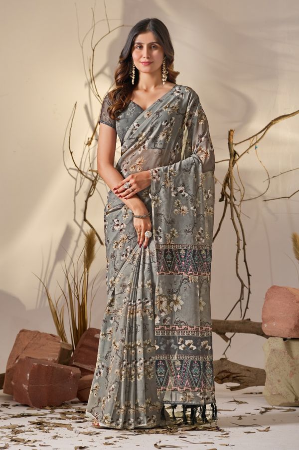 Elegant Grey Floral Party Wear Saree