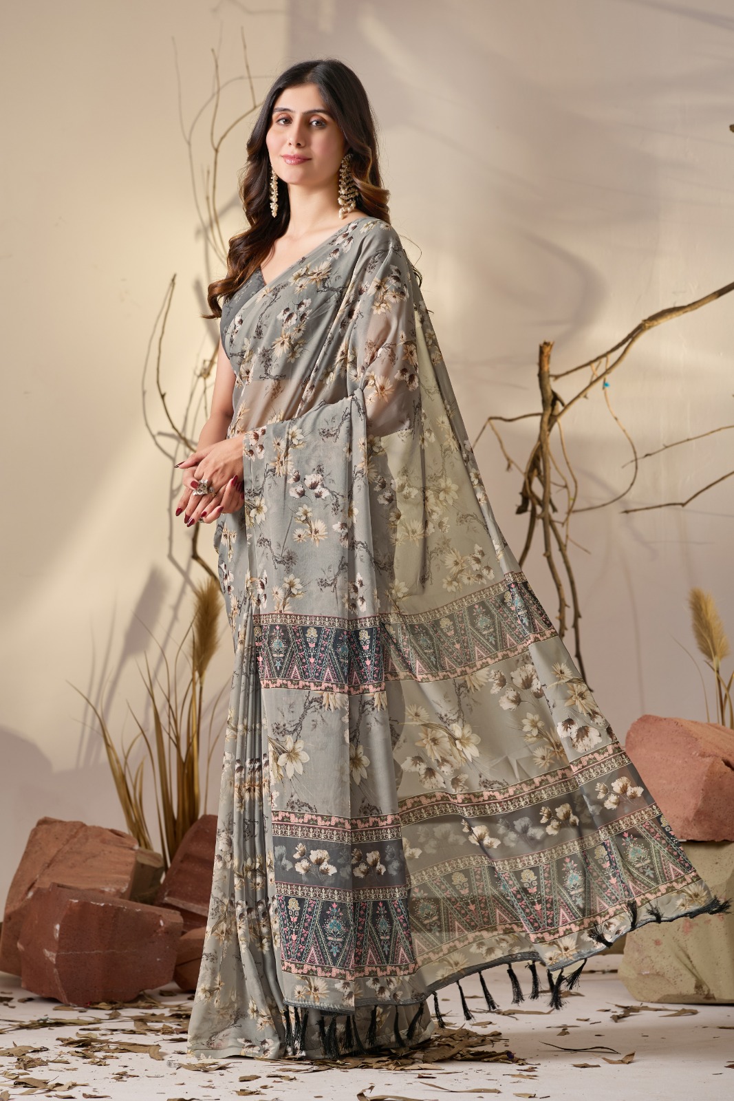 Elegant Grey Floral Party Wear Saree
