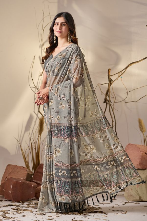 Elegant Grey Floral Party Wear Saree