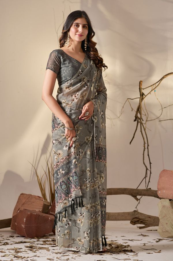 Elegant Grey Floral Party Wear Saree