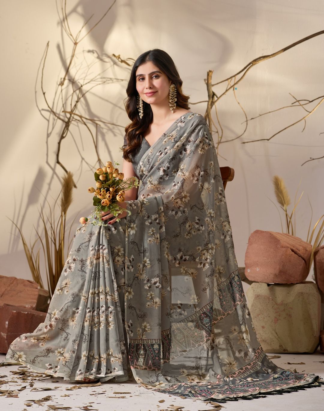 Elegant Grey Floral Party Wear Saree