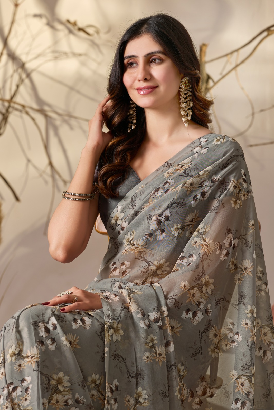 Elegant Grey Floral Party Wear Saree