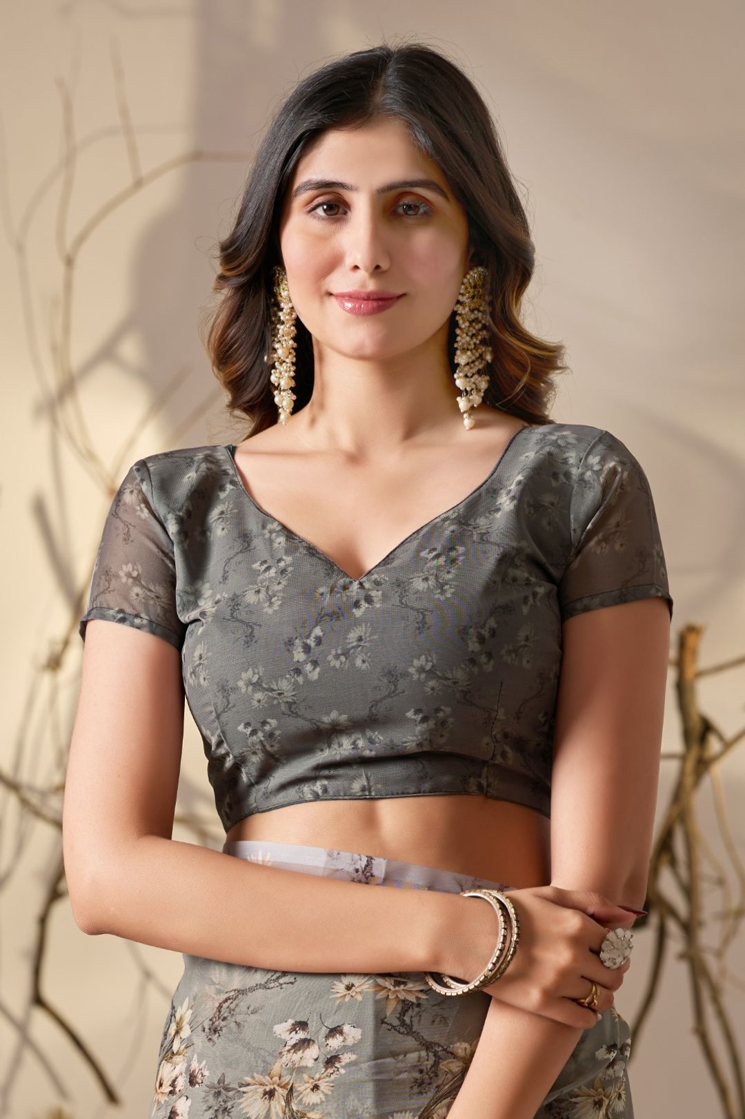 Elegant Grey Floral Party Wear Saree