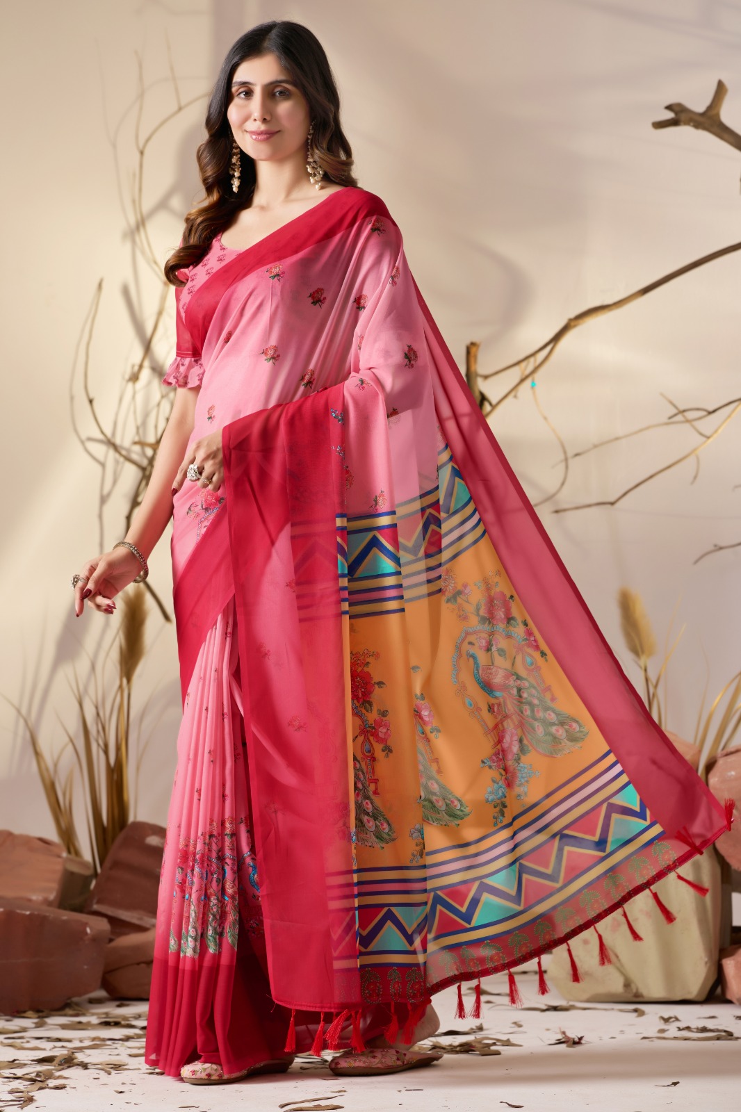 Rose Pink Georgette Designer Saree