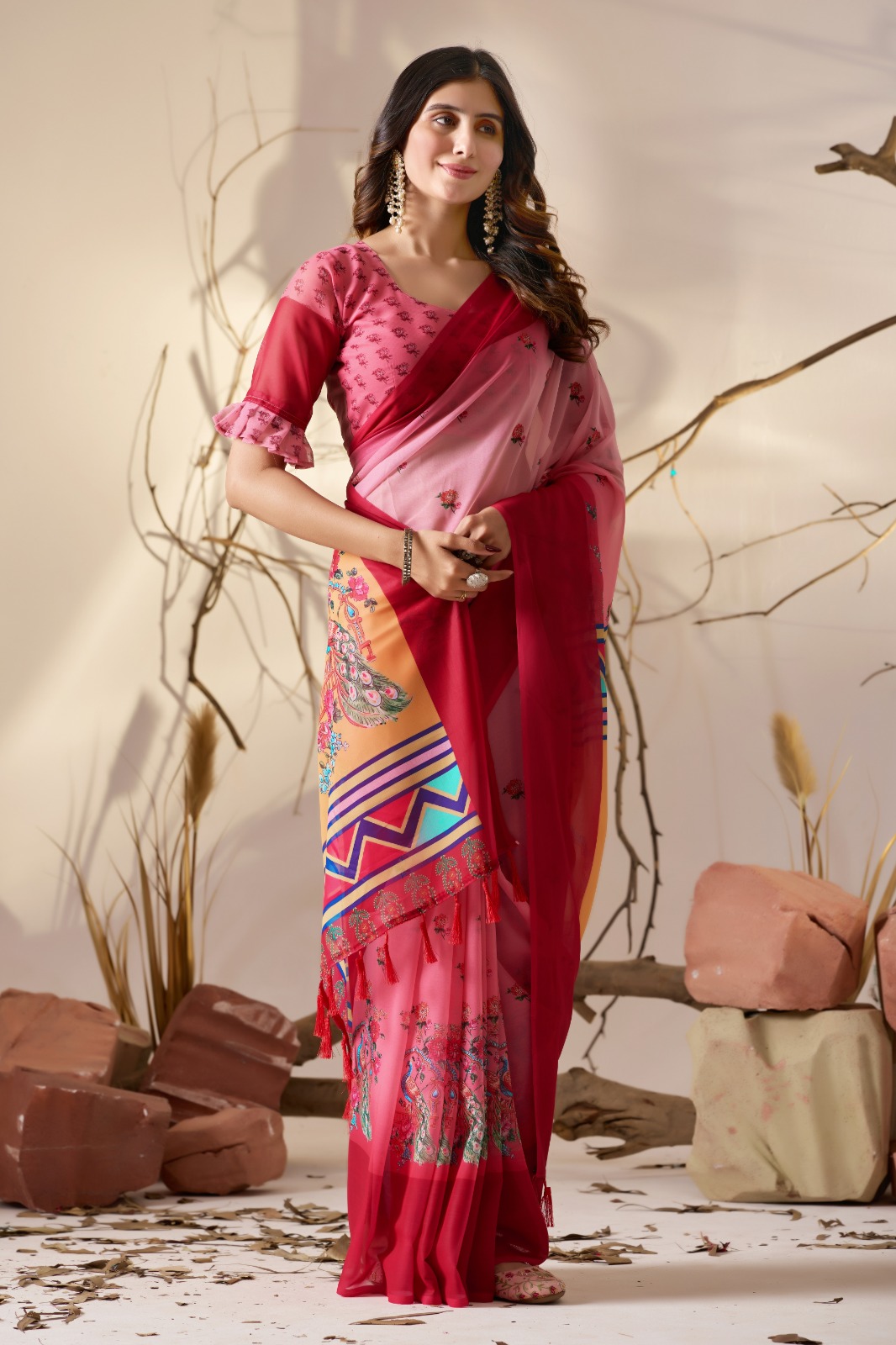 Rose Pink Georgette Designer Saree