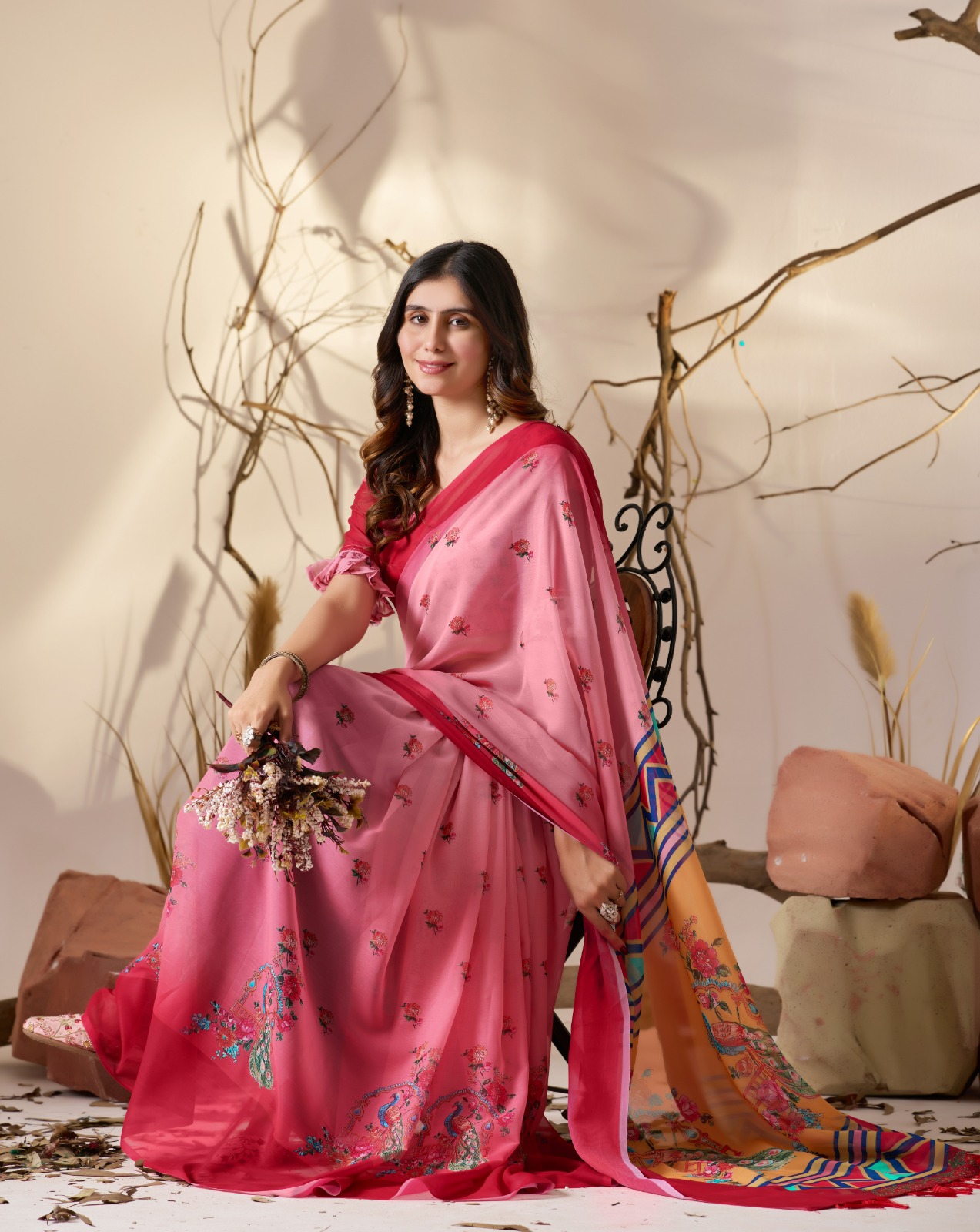 Rose Pink Georgette Designer Saree