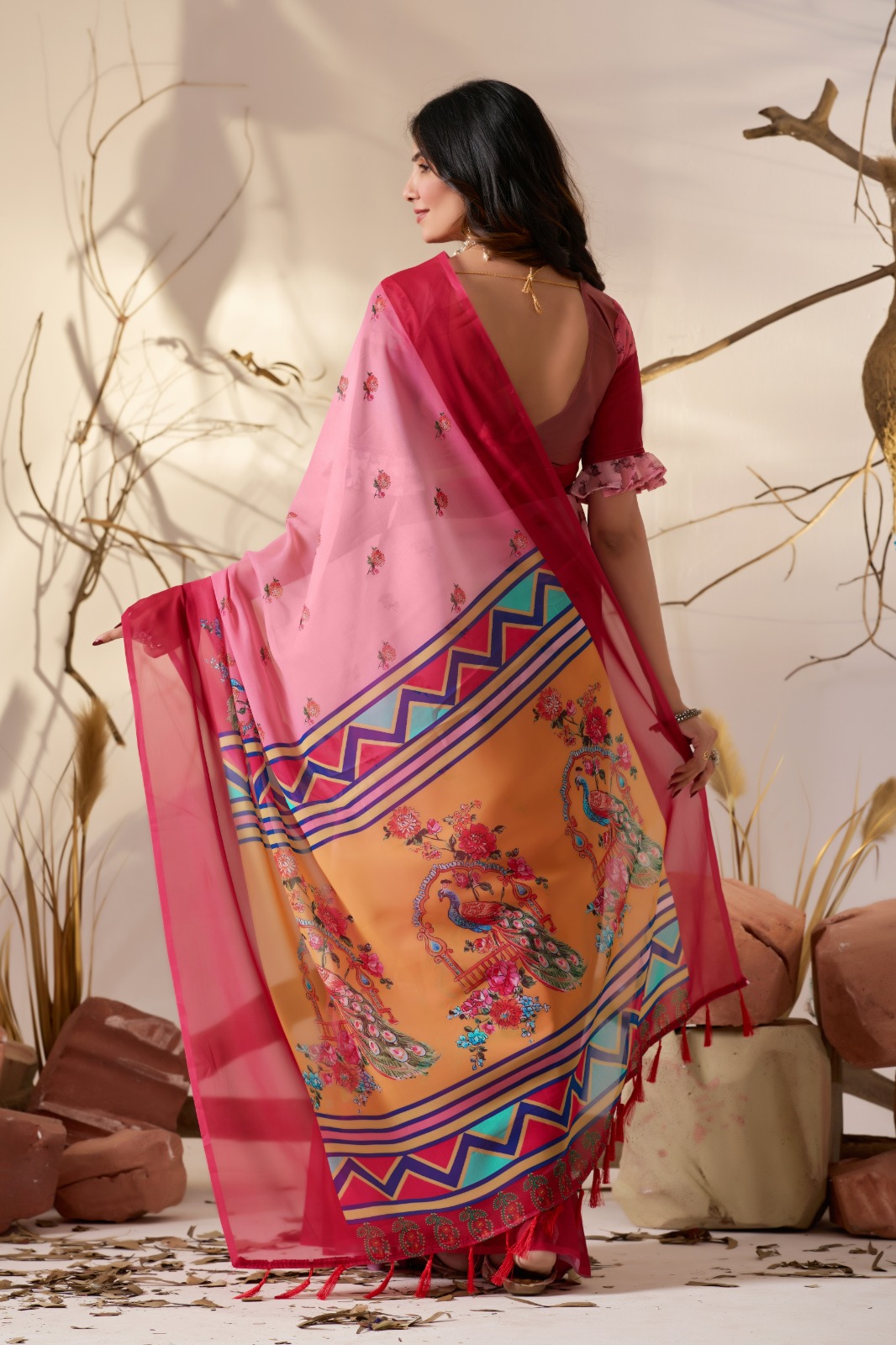 Rose Pink Georgette Designer Saree
