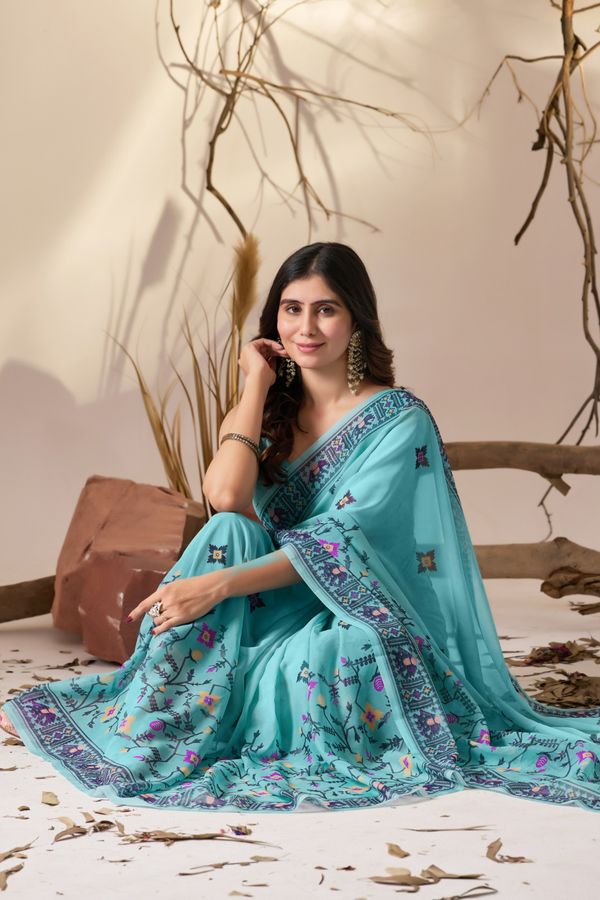 Sea Green Aura Georgette Designer Saree