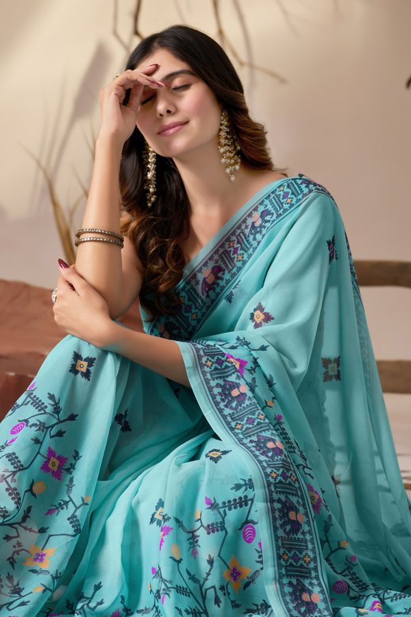 Sea Green Aura Georgette Designer Saree