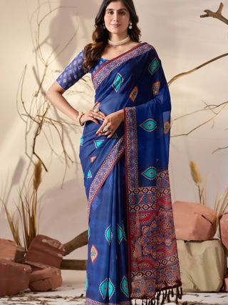 Royal Blue Georgette Printed Designer Saree Online
