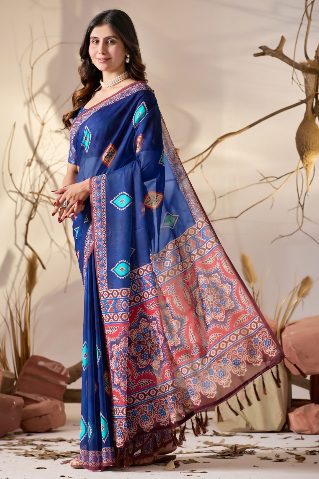 Royal Blue Georgette Printed Designer Saree Online