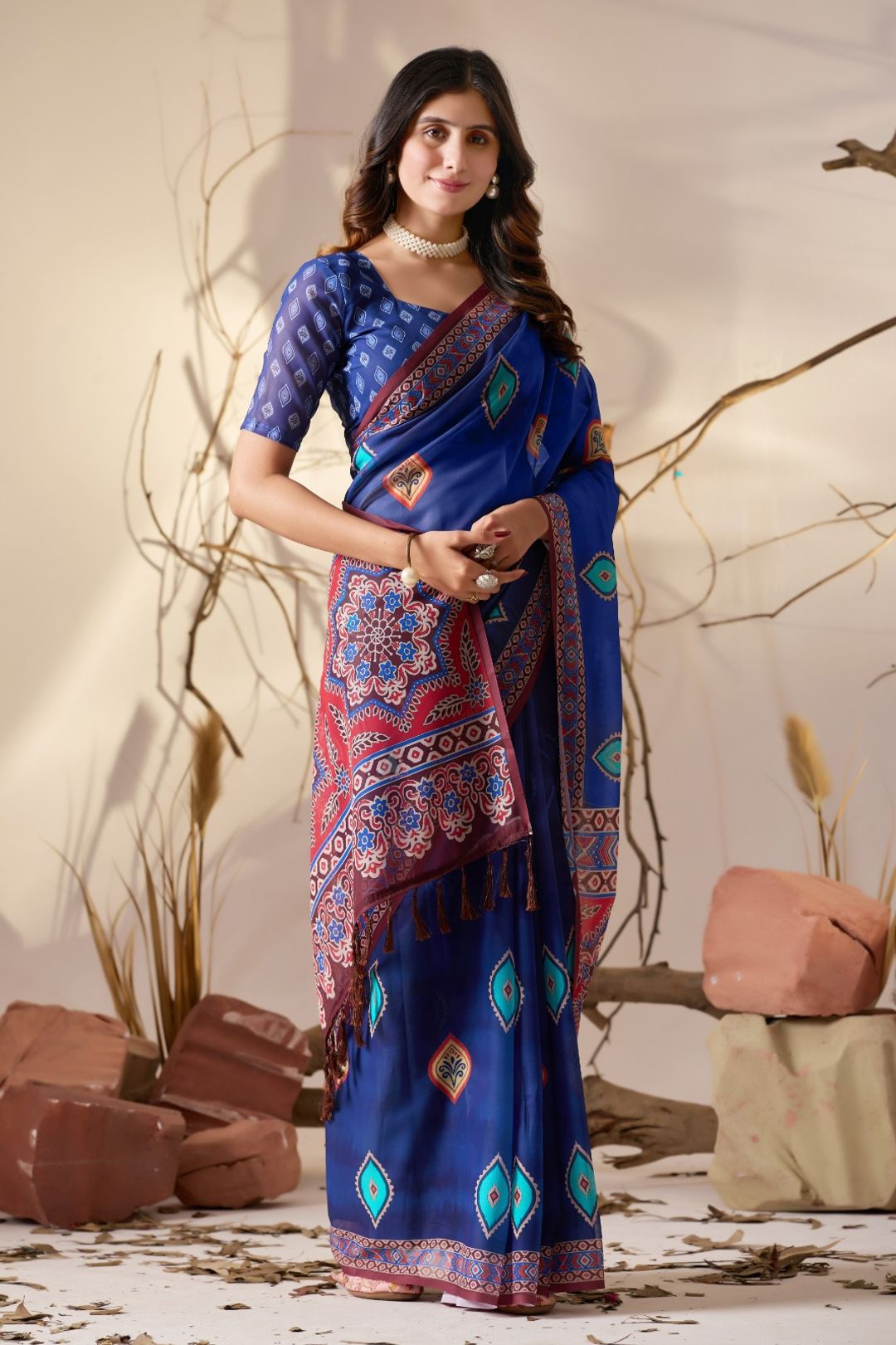 Royal Blue Georgette Printed Designer Saree Online