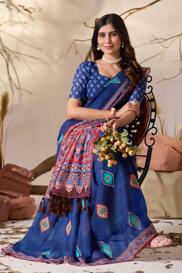 Royal Blue Georgette Printed Designer Saree Online