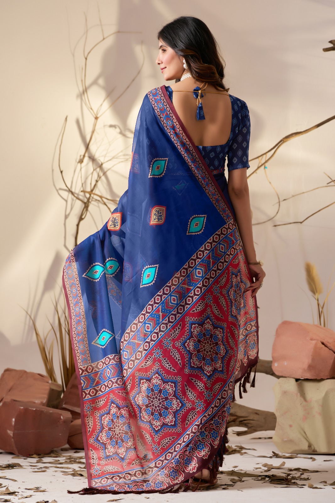 Royal Blue Georgette Printed Designer Saree Online