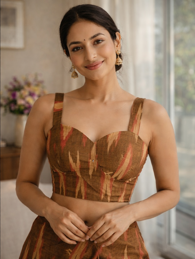 Brown Ikat Cotton Padded Blouse Sleeveless Stylish