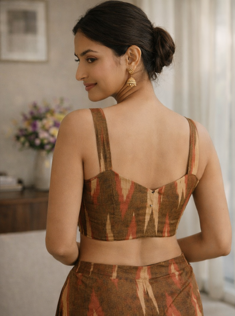 Brown Ikat Cotton Padded Blouse Sleeveless Stylish