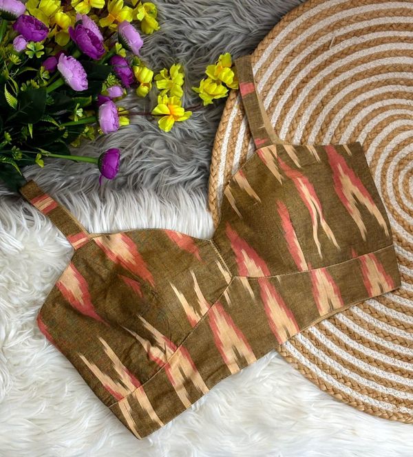 Brown Ikat Cotton Padded Blouse Sleeveless Stylish