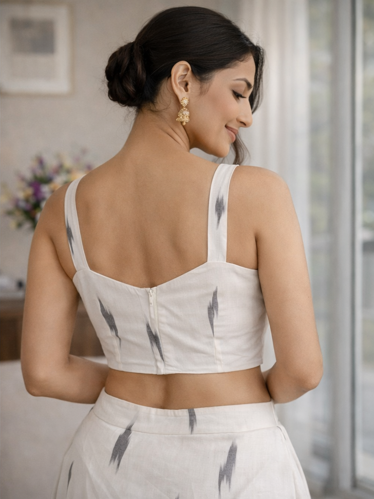 Cream Ikat Cotton Padded Blouse Sleeveless Trendy