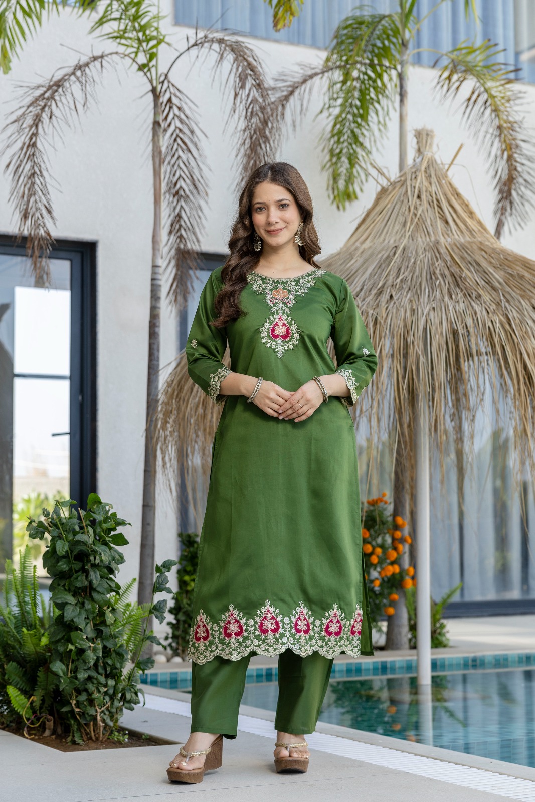 Green Chanderi Embroidered Kurta Pant Dupatta Set