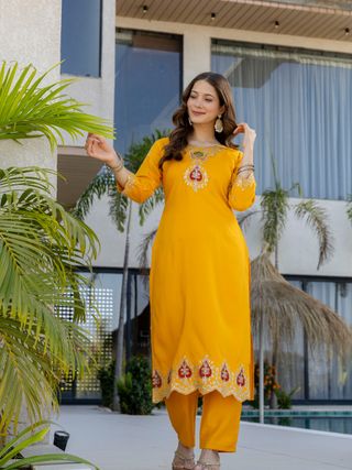 Mustard Chanderi Embroidered Kurta Pant Dupatta Set