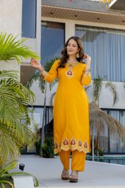 Mustard Chanderi Embroidered Kurta Pant Dupatta Set - Orange