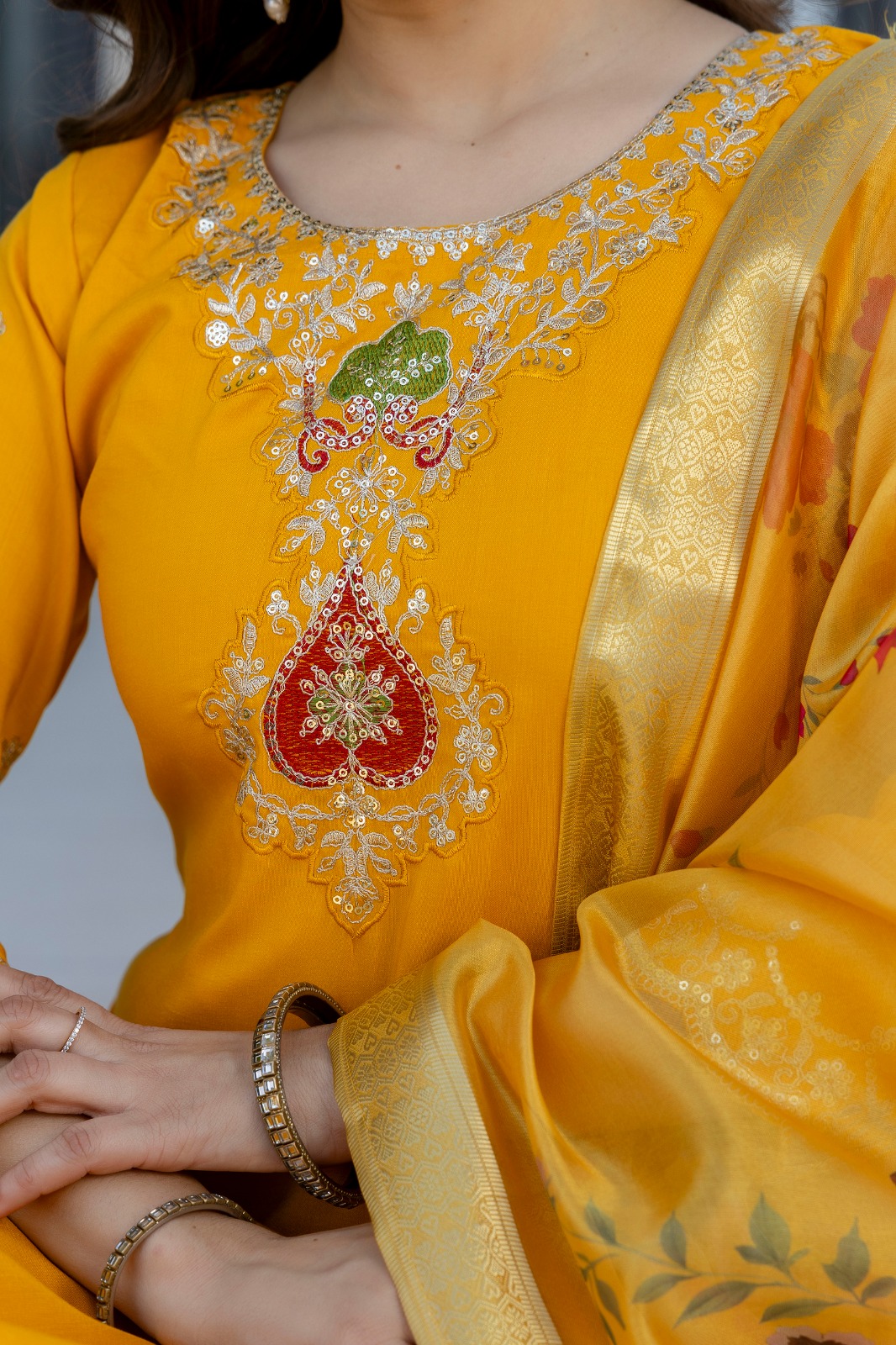 Mustard Chanderi Embroidered Kurta Pant Dupatta Set