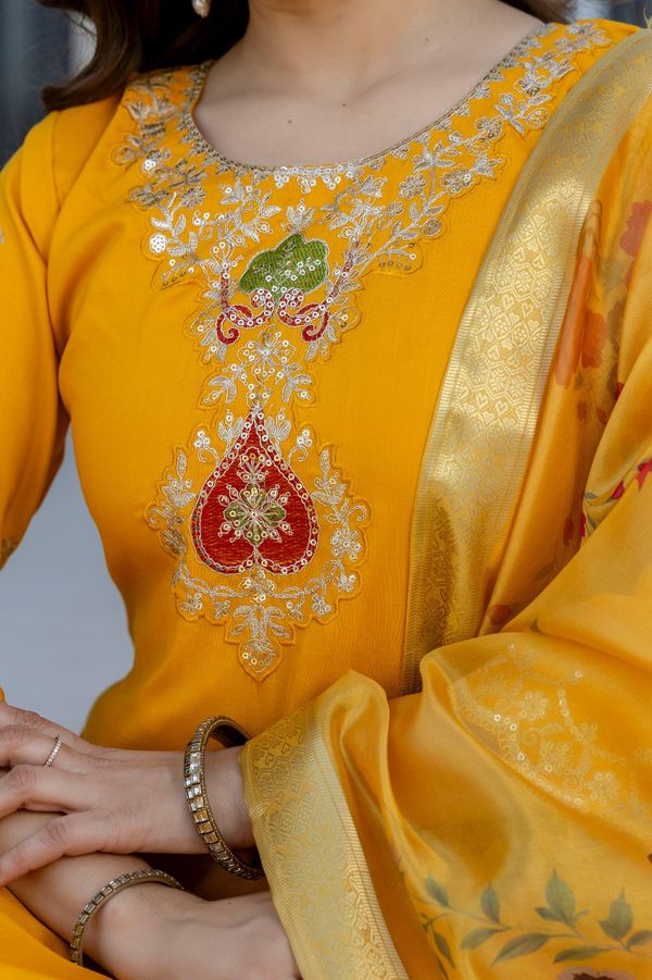 Mustard Chanderi Embroidered Kurta Pant Dupatta Set