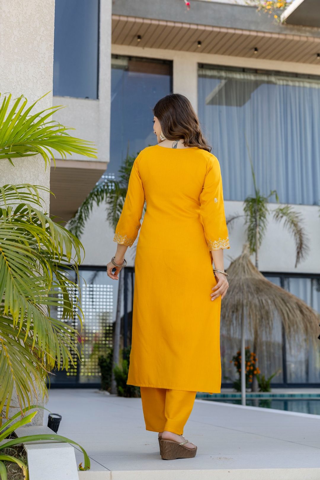 Mustard Chanderi Embroidered Kurta Pant Dupatta Set