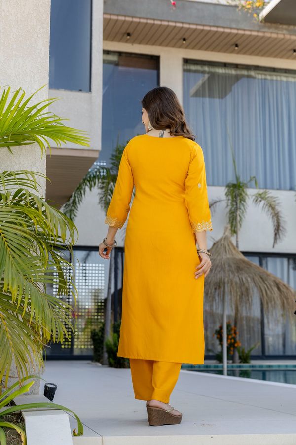 Mustard Chanderi Embroidered Kurta Pant Dupatta Set