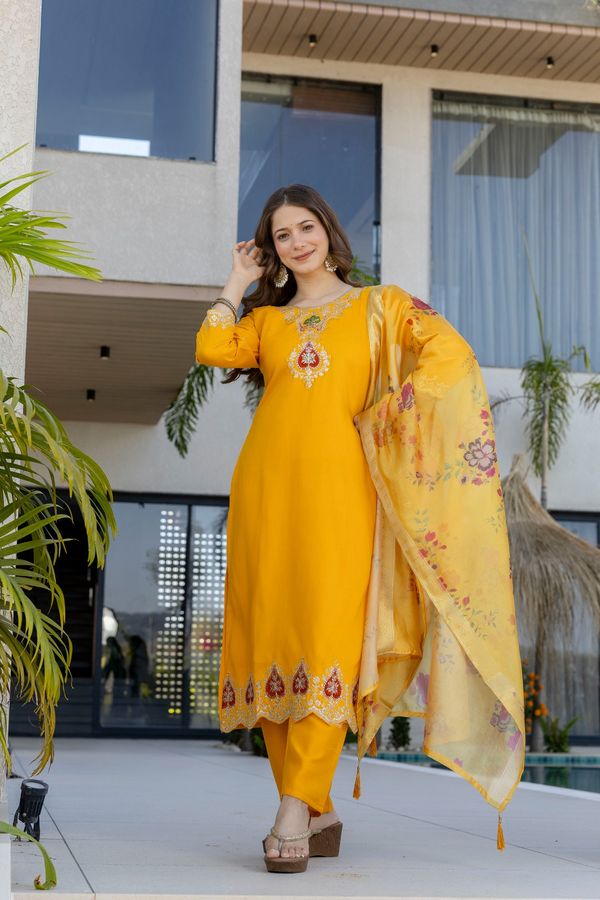 Mustard Chanderi Embroidered Kurta Pant Dupatta Set