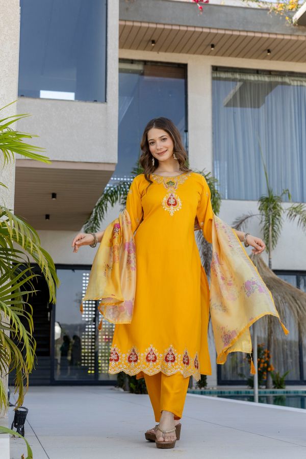 Mustard Chanderi Embroidered Kurta Pant Dupatta Set