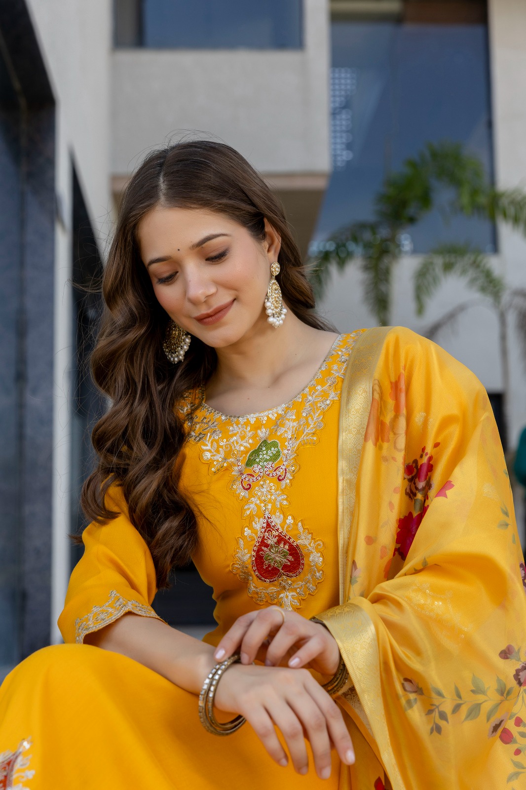 Mustard Chanderi Embroidered Kurta Pant Dupatta Set