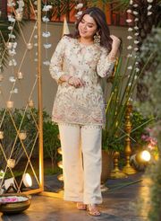 Cream Embroidered Silk Kurta Pant Set for Women - Cream