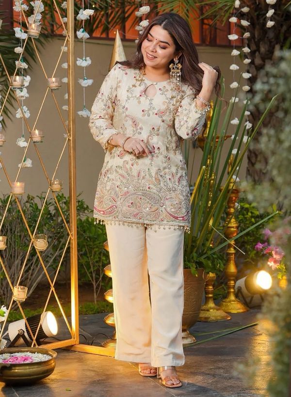 Cream Embroidered Silk Kurta Pant Set for Women