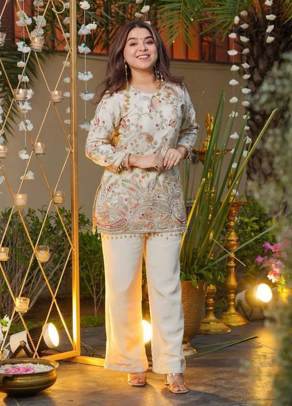 Cream Embroidered Silk Kurta Pant Set for Women