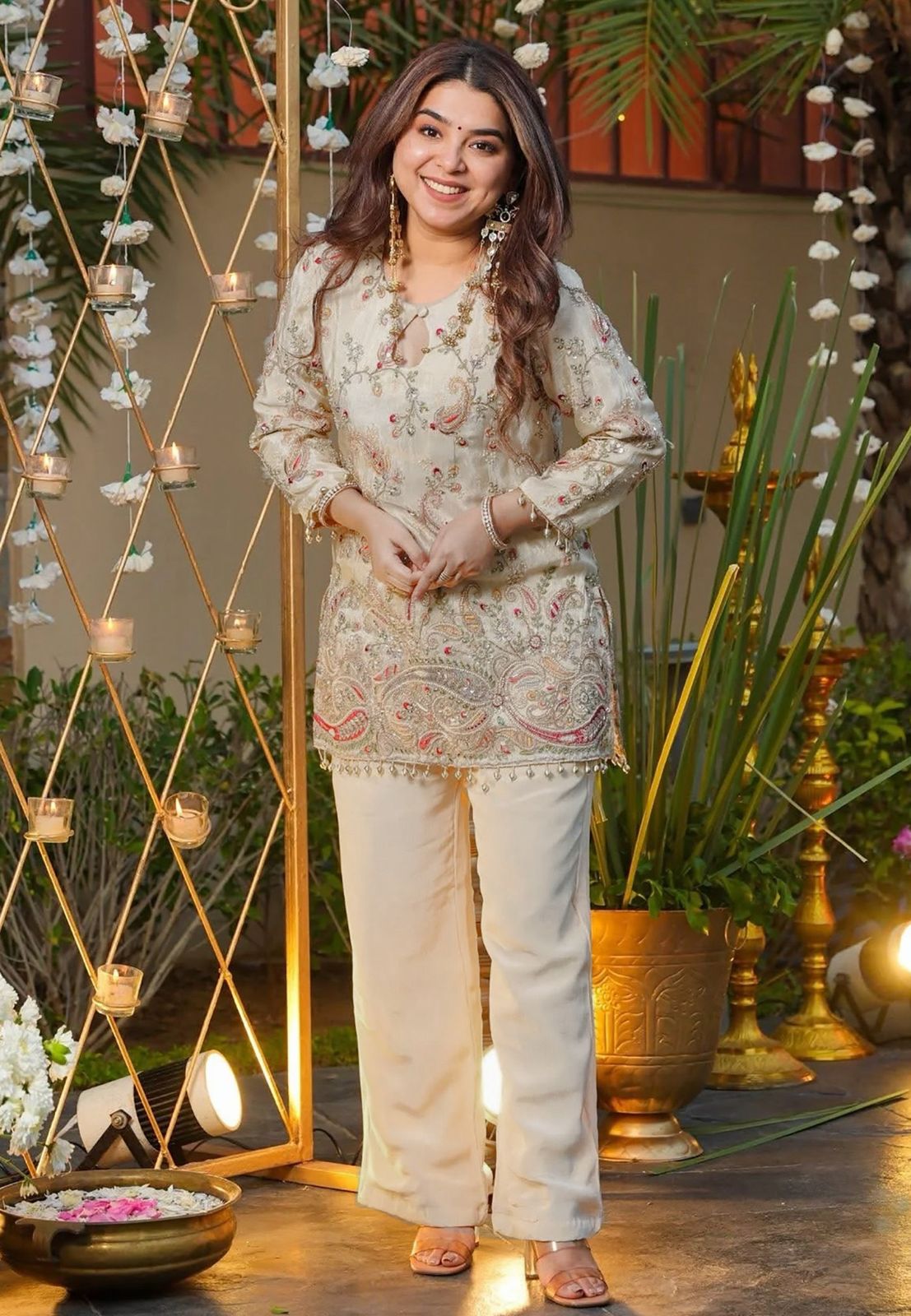 Cream Embroidered Silk Kurta Pant Set for Women