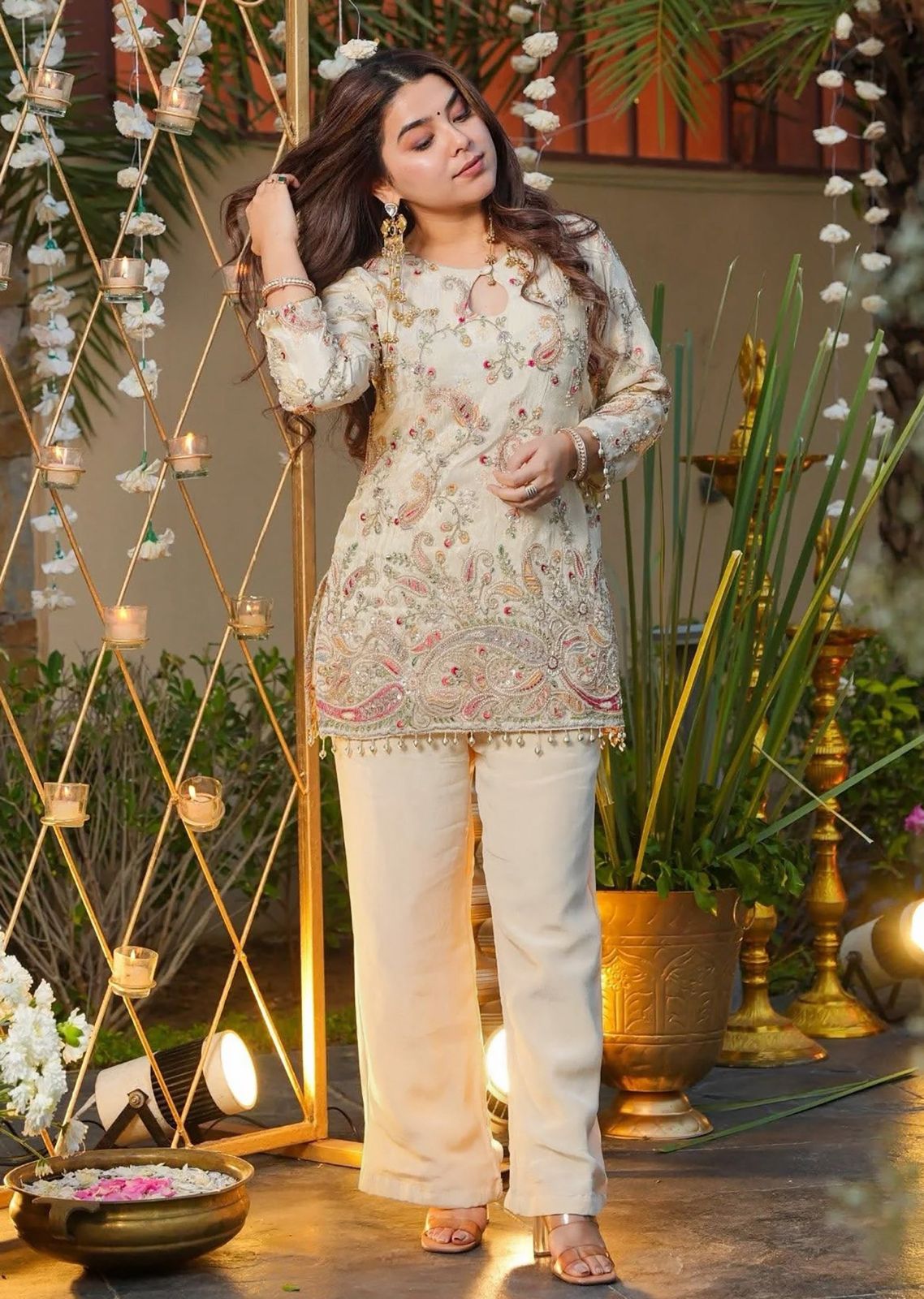 Cream Embroidered Silk Kurta Pant Set for Women