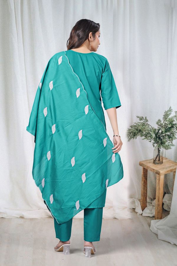 Teal Embroidered Cotton Kurta Pant Set Online